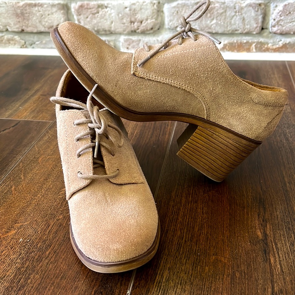 Camel suede tie clogs